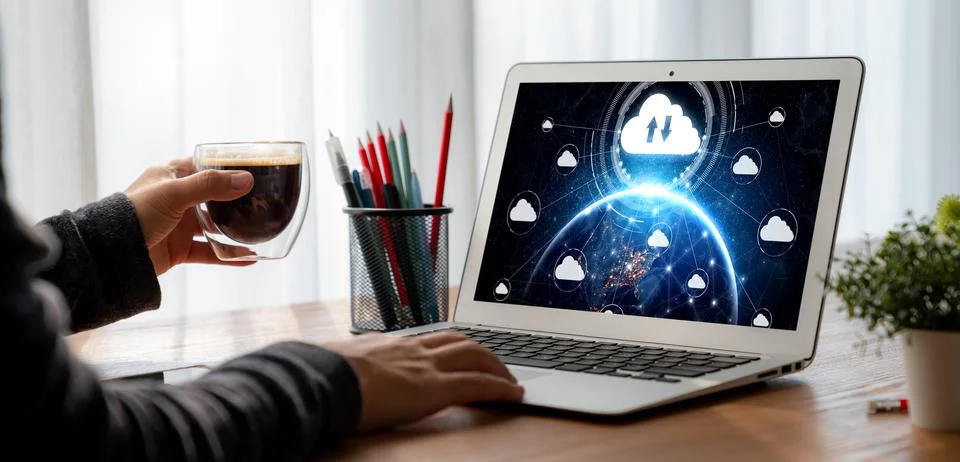 Cloud computing software for modish remote work Stockfoto's