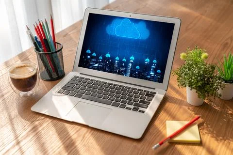 Cloud computing software for modish remote work Stock Photos