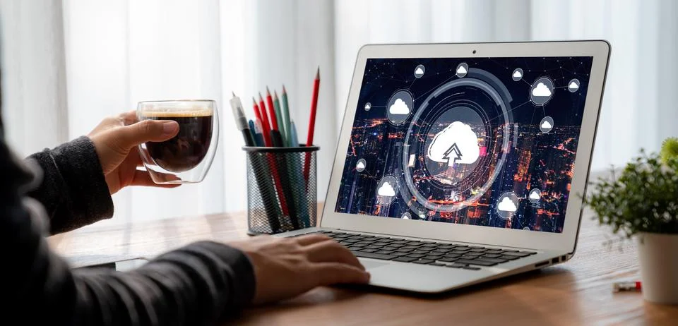 Cloud computing software for modish remote work Stock Photos