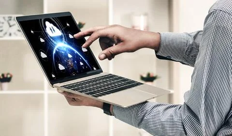 Cloud computing software for modish remote work Stock Photos