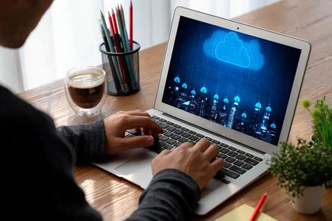 Cloud computing software for modish remote work Stock Photos