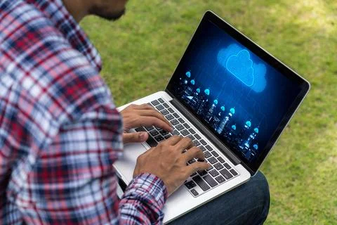 Cloud computing software for modish remote work Stock Photos