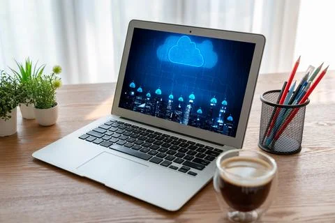 Cloud computing software for modish remote work Stock Photos