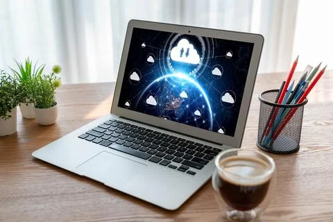 Cloud computing software for modish remote work Stock Photos