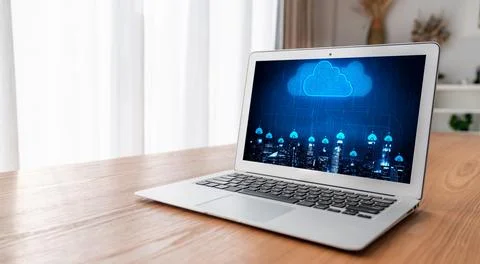 Cloud computing software for modish remote work Stock Photos