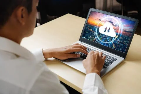 Cloud computing software for modish remote work Stockfoto's