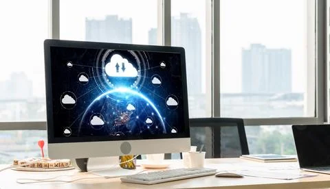 Cloud computing software for modish remote work Stock Photos