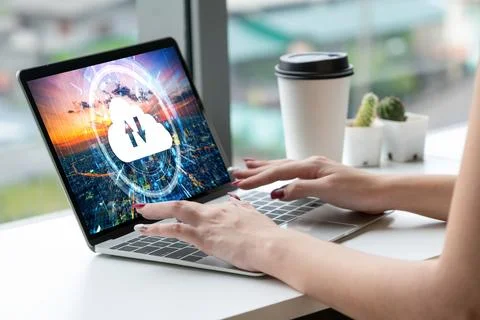 Cloud computing software for modish remote work Stockfoto's