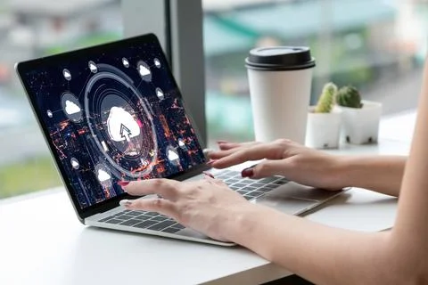 Cloud computing software for modish remote work Stock Photos