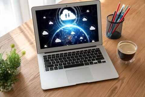 Cloud computing software for modish remote work Stock Photos