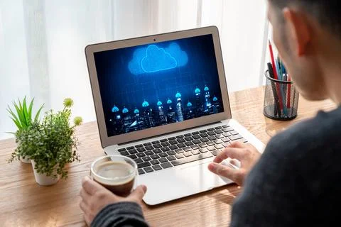 Cloud computing software for modish remote work Stock Photos