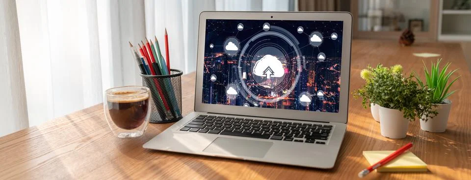 Cloud computing software for modish remote work Stock Photos