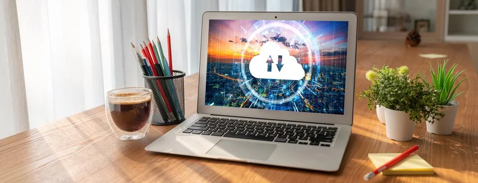 Cloud computing software for modish remote work Stock Photos
