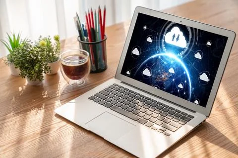 Cloud computing software for modish remote work Stock Photos