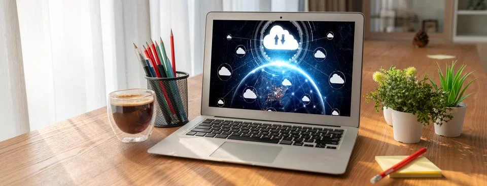 Cloud computing software for modish remote work Stock Photos