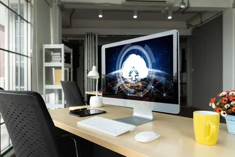 Cloud computing software for modish remote work Stock Photos