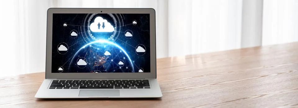 Cloud computing software for modish remote work Stock Photos