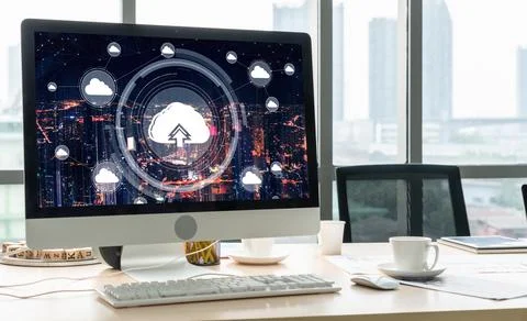 Cloud computing software for modish remote work Stock Photos