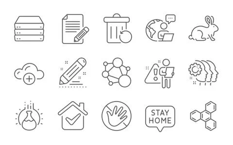 Cloud computing, Stay home and Chemistry experiment icons set. Vector Illustrazione stock