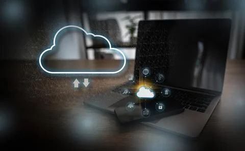 Cloud computing storage backup sync security data network laptop smartphone.. Stock Photos