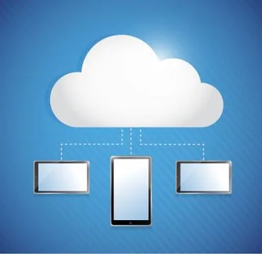 Cloud computing storage connected to tablets. Illustrazione stock