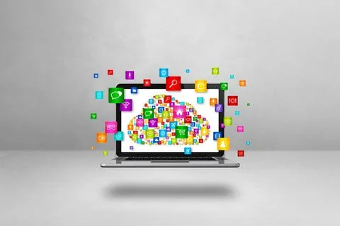 Cloud computing symbol and icons on a laptop 스톡 일러스트