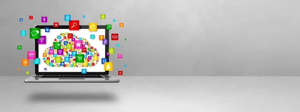 Cloud computing symbol and icons on a laptop Stock Illustration