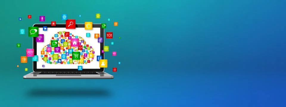 Cloud computing symbol and icons on a laptop 스톡 일러스트