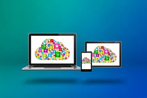 Cloud computing symbol and icons on a computer set イラスト素材
