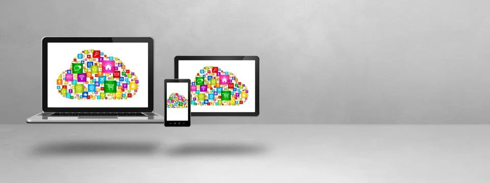 Cloud computing symbol and icons on a computer set イラスト素材