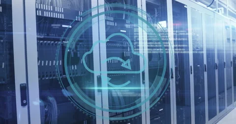 Cloud computing symbol animation over server racks in data center Stock Footage 304088508