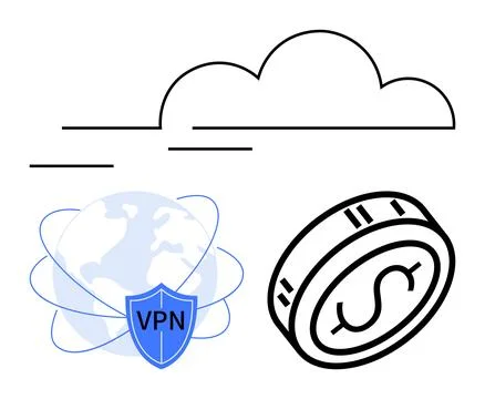Cloud computing symbol, globe with VPN shield, and dollar coin highlighting s Stock Illustration