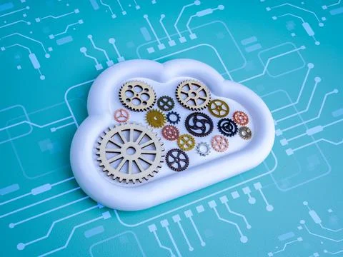 Cloud computing system concept with mechanical gears inside white cloud ico.. Stock Photos
