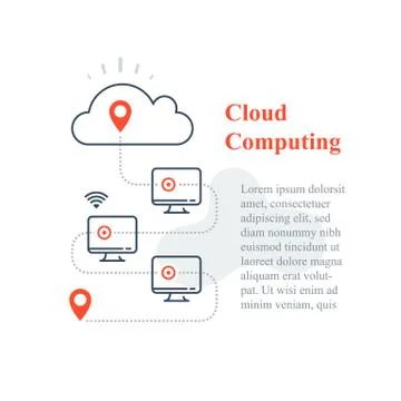 Cloud computing system, remote work access, wireless technology, computer net Stock Illustration