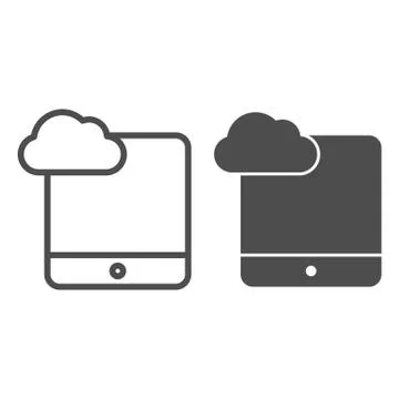 Cloud computing on tablet line and glyph icon. Digital tablet with cloud vector Stock Illustration