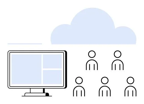 Cloud Computing for Team Collaboration with Monitor and User Icons Stock Illustration