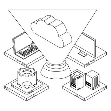 Cloud computing technology 3d symbol in black and white Illustrazione stock