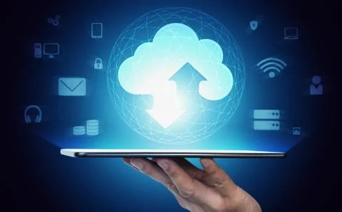 Cloud computing technology and online data storage for global data sharing. Stock Photos