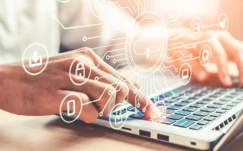 Cloud computing technology and online data storage for global data sharing. Foto stock