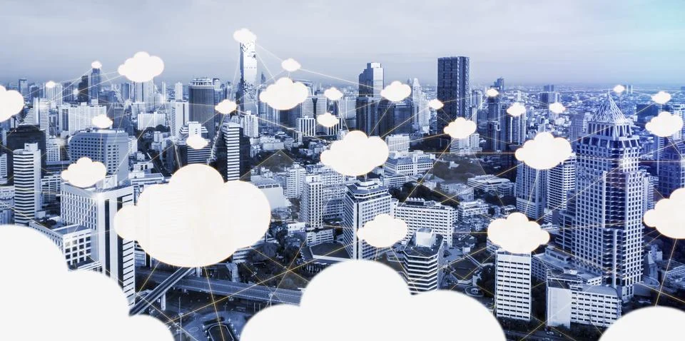 Cloud computing technology and online data storage for global data sharing. Stock Photos