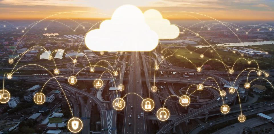 Cloud computing technology and online data storage for global data sharing. Foto stock