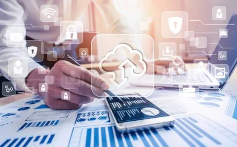 Cloud computing technology and online data storage for global data sharing. Stock Photos