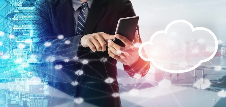 Cloud computing technology and online data storage for global data sharing. Foto stock