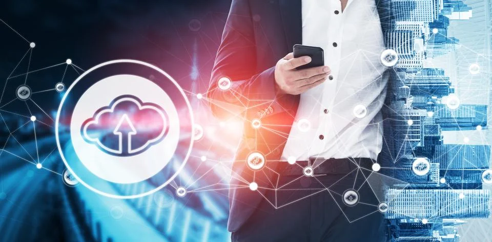 Cloud computing technology and online data storage for global data sharing. Stock Photos