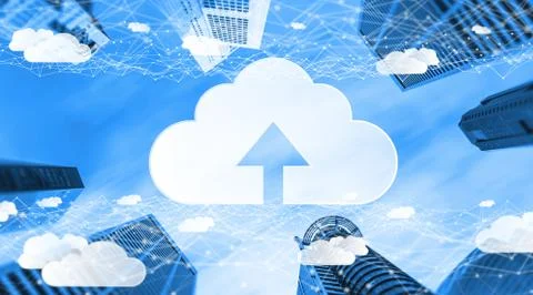 Cloud computing technology and online data storage for global data sharing. Stock Photos