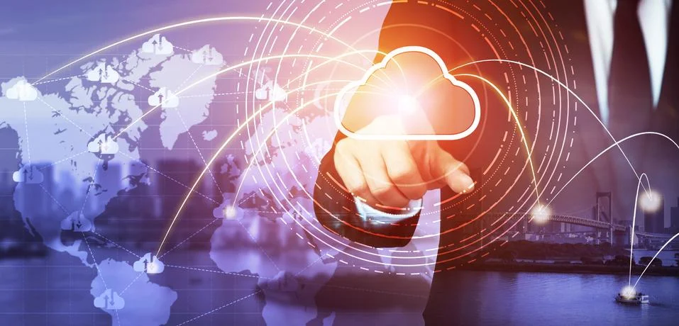 Cloud computing technology and online data storage for global data sharing. Stock Photos