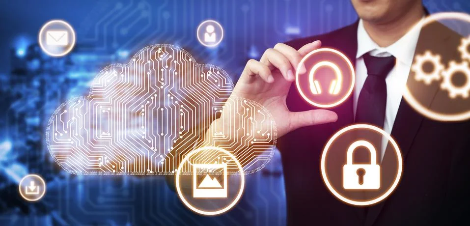 Cloud computing technology and online data storage for global data sharing. Stockfoto's