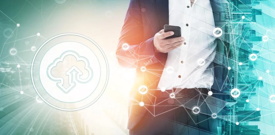 Cloud computing technology and online data storage for global data sharing. Foto stock