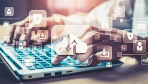 Cloud computing technology and online data storage for global data sharing. Stock Photos