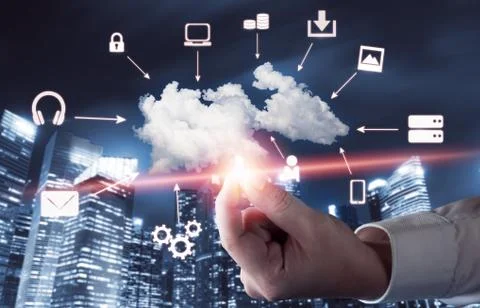 Cloud computing technology and online data storage for global data sharing. Stock Photos